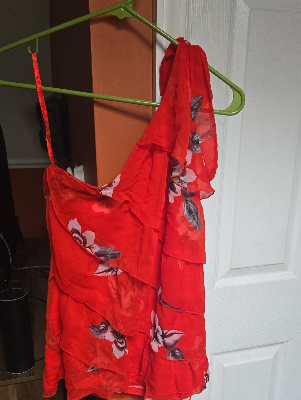 White House Black Market Red Floral Ruffle One-Shoulder Tank